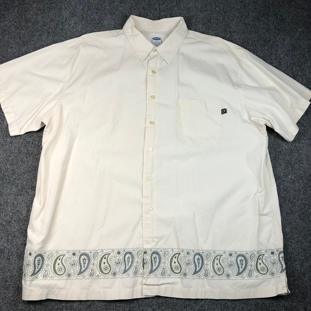 Old Navy Mens XXL Cream Paisley Hem Print Short Sleeve Button Down Shirt Cotton